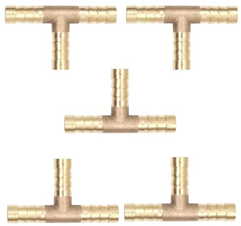 GVSS Lot de 5 Raccords de Tuyau en Laiton en Forme de T 8mm, Connecteurs de Tuyau en Laiton 3 Voies,Raccord Barbelé pour Tuyau d'Air,Carburant,Eau et Gazole