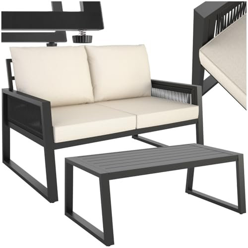 tectake® Rope Design Lounge Möbel Set für Garten oder Balkon, Outdoor Sitzgruppe Terrassenmöbel mit 1x Sofa 1x Tisch in Holz Optik, inkl. Gartenmöbel-Kissen, wetterfest