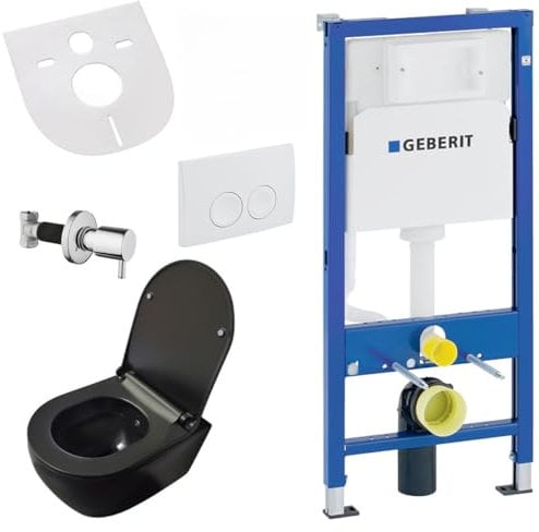 Belvit Set WC da parete senza bordi, nero opaco, con Taharet Bidet, sedile Softclose e Geberit UP100, elemento in ceramica