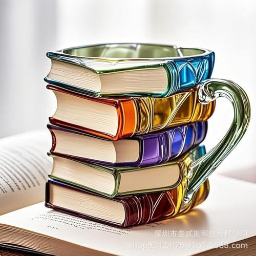 Painted Book Mug, Novelty Reading Coffee Cup, Creative 3D Books Stack Shaped Coffee Cups, Colorful Books Themed Mug, Gift for Book Lovers Teachers Readers (D)