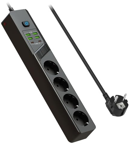 Steckdosenleiste mit USB C, 4 Fach Steckerleiste Wandmontage mit Schalter, Mehrfachsteckdose mit Überspannungsschutz, Verteilersteckdose Power Strip mit 1,8M Kabel für Haus Küchen und Büro