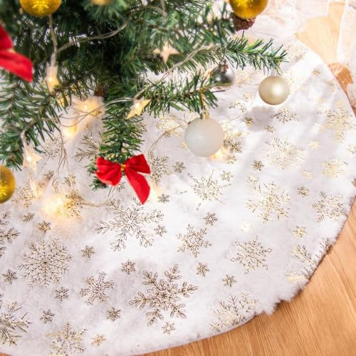 Lanpn Weihnachtsbaum Decke Christbaumdecke 75 cm, Kunstfell Schneeflocken Rund Tannenbaum Decke Unterlage Teppich, Weihnachtsbaumdecke für Christbaumschmuck Weihnachtsdeko (Gold, 75cm)