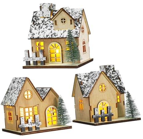 CLISPEED 3stücke Led Beleuchtete Holz Häuser Set Rustikales Mini Holzhaus Weihnachten Dekoration Für Festlich Zuhause Büro Geschenke Atmosphäre