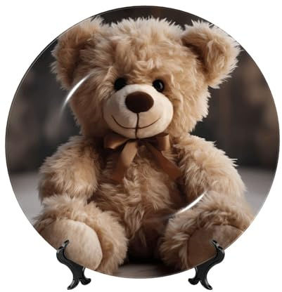 PHAYAH Seated Teddy Bear Pattern Bone China Decorative Plate Ceramic Dinner Plates Crafts with Vertical Stand for Home Office Decor 6in