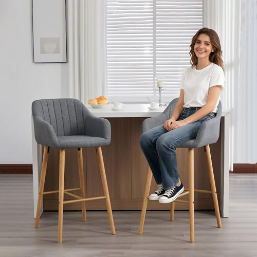 SACOOL Taburete moderno de estilo europeo con respaldo alto y reposabrazos, asientos tapizados en lino y patas de madera. Ideal para cocinas, islas de cocina o comedores.