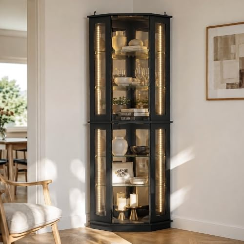 Caldion Vitrinenschrank mit 6 Farben LED-Beleuchtung Eckvitrine mit Glastüren Pop-up-Design