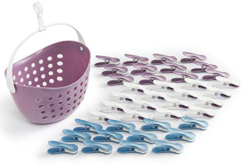 culiclean Pince a Linge Soft Clips – Panier Epingle a Linge – Fabriqué en France – Violet-Bleu-Blanc avec Panier Violet – Lot de 40 Pinces + 1 Panier