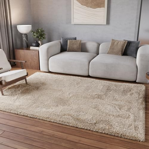 Homie Living I Hochflor Teppich I Parma I sehr flauschig und kuschelig I (Beige, 133 x 200 cm)