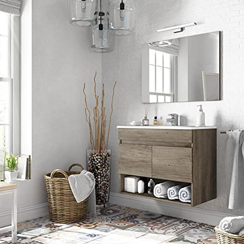 Miroytengo Mueble de Baño Estilo Natural en Color Roble Nordik con 1 Hueco de Almacenamiento y 2 Puertas 80x64x45 cm (Lavabo Cerámico)
