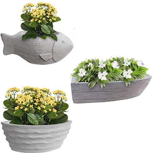 Garraí Cement Planters -Set of 3 Pots Shaped as Fish, Boat and Wave - Small Flower Pots for Succulents or Flowers