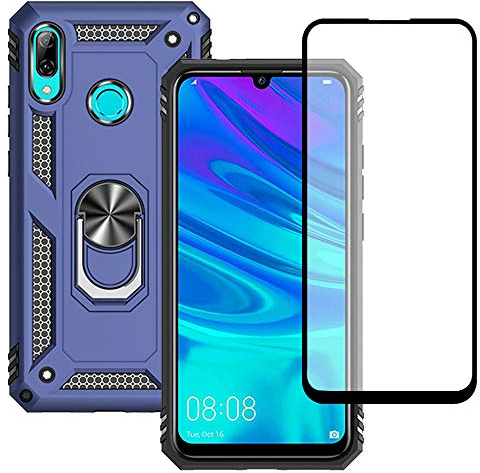 Yiakeng Hülle für Huawei P Smart 2019 Handyhülle, mit Schutzfolie, Stoßfest Schutzhülle Mit Ring Standfunktion Case Cover für Huawei P Smart 2019 (Blau)