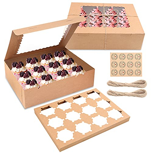 MAMUNU 10PCS 12 Cavity Cupcake Boxes with Window and Inserts, Kraft Bakery Cookie Boxes Cupcake Containers with Stickers and Twine String, 32.5 x 24.8 x 9cm