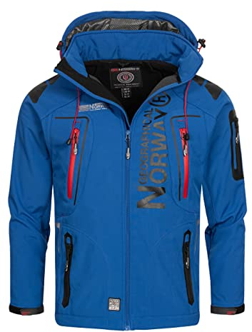 Geographical Norway Techno Men Distribrands - Giacca Softshell impermeabile da uomo - Giacca con cappuccio traspirante all'aperto - Giacca invernale tattica antivento (Blu Reale/Rosso S)