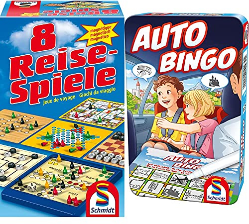 Schmidt Spiele 49102-8 Reise-Spiele, Spielesammlung, magnetisch, bunt & 51434 Auto-Bingo, Bring Mich mit Spiel in der Metalldose, bunt