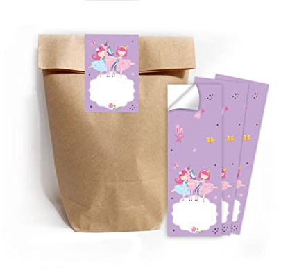 Junapack 12 Geschenktüten (Natur) + 12 Aufkleber Ballerina Einhorn für Mitgebsel Gastgeschenk beim Kindergeburtstag Mädchen
