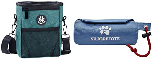 Silberpfote® Leckerlibeutel und Futterbeutel für Hunde im Set - Futterdummy zum Apportieren Plus Praktischer Leckerlibeutel für das Training mit dem Hund (Grün - Blau)