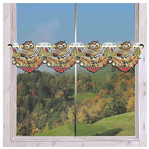Feenhaus-Spitzengardine Herbsteule mit Buntem Laub Echte Plauener Spitze Stickerei-Panneaux 17 cm hoch