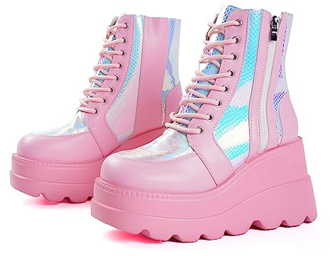 Gothniero Pink Platform Boots Holographic Goth Boots Chunky Heel for Women Combat Ankle Boots Wedge Booties with Side Zip Lace Up Size 3UK-8UK