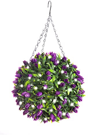 Best Artificial 28cm Pre Lit Tulip Topiary Ball with 30 Bright White LED Waterproof Battery Lights (Purple)