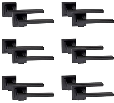 Golden Grace Rose Zeta Design Door Handles Lever Latch on Square Backplate in Matt Black Finish, 6 Pairs