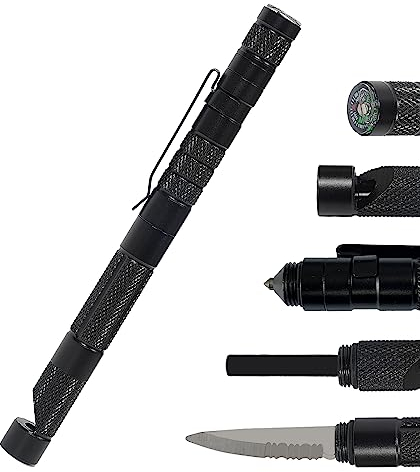 FLYAMAPIRIT Taktisches Selbstverteidigungsstift-Design mit Glasbrecher, Kompass, Alarmpfeife, Magnesium-Feuerstein, kleiner Klinge als aufstrebende Werkzeuge für Outdoor-Camping und Überleben im Feld
