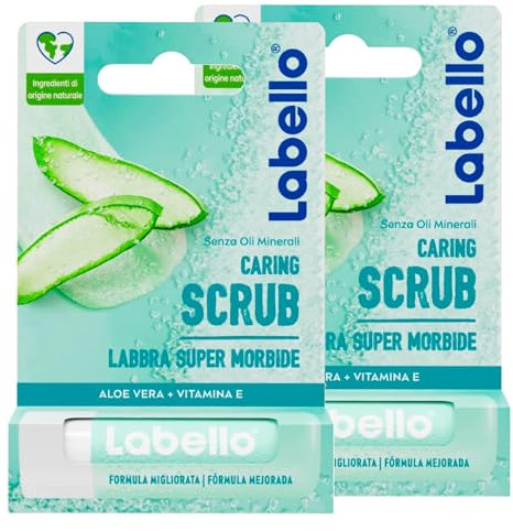Labello Feuchtigkeitsspendendes Peeling Aloe Vera Bio Lippenbalsam mit Vitamin und Peeling ohne Mineralöle und Mikroplastik - 2 Stäbchen