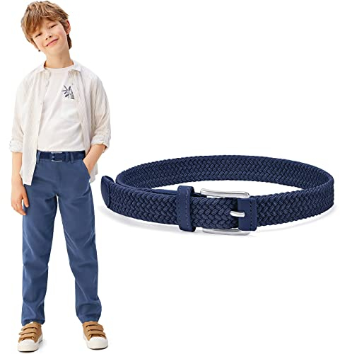 WHIPPY Kinder Gürtel Elastik Unisex Geflochtener elastischer Stretch Gürtel gewebter gürtel für Jungen und Mädchen Endspitze aus Leder mit Dornschließe, 3 cm breite,blau 75cm