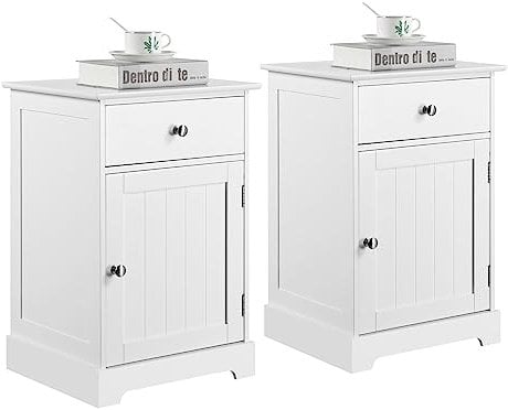 Yaheetech Lot de 2 Tables de Chevet avec Tiroir Table de Nuit Carrée avec Tablette Porte Battante Table d'appoint pour Canapé Salon Bureau Chambre 40 × 35 × 60 cm Blanc