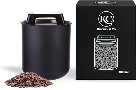 KC Kitchen & Co. Kaffeedose luftdicht für 250 g Kaffeebohnen – Edelstahl Vorratsdose mit Vakuumdeckel & Aromaverschluss – Aufbewahrungsdose für Kaffee, Tee, Zucker, Müsli – Mattschwarz (1000 ml)