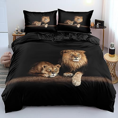 YASMENG Bettwäsche 155x220 3teilig Löwe Motiv Thema Braun Schwarz 3D Bettbezug Set Weich Komfort Mikrofaser Bettwäsche für Geschenke Zimmer Deko mit Reißverschluss und 80x80 cm Kissenbezug