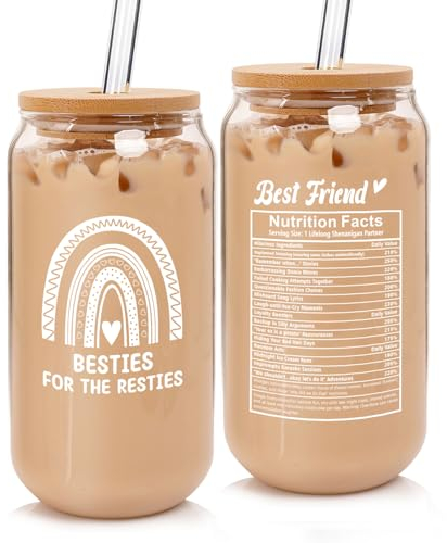 Anotion Best Friend Mug - Novelty Borosilicate Glass Cup with Lid and Straw - Bestie Gifts for Women, Friendship and Birthday Occasions