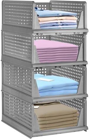 Dyserbuy 4 Pack Large Wardrobe Storage Organiser, Stackable Storage Drawers, Plastic Wardrobe Boxes, Easy Pull Out Drawer for Closet, Clothes, Shelves, Laundry and Office (Gray)
