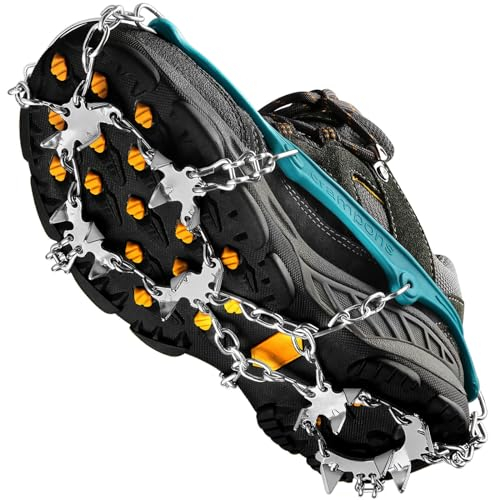 Grödel Steigeisen für Bergschuhe mit 19 Zähne Verdickte Schuhkrallen aus Edelstahl Anti-Rutsch Schuhspikes für Mann Frau Erwachsene Fit für Wandern Trail Running Trekking (Teal, XL)