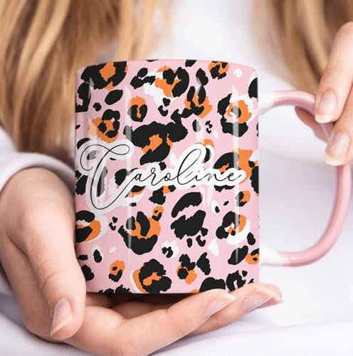 The Whistling Wren Personalised Animal Print Mug with Name, Cheetah/Leopard Coffee Cup, Personalised Mug & Coaster Set