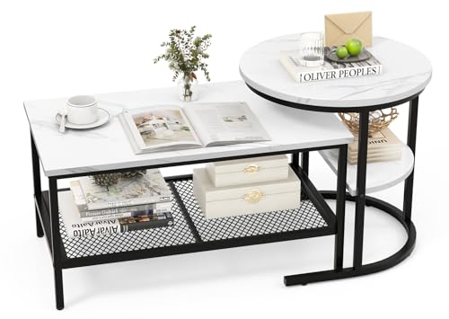 COSTWAY Nesting Coffee Tables Set of 2, Faux Marble Stacking Sofa Side End Table with Storage Shelf, 2-Tier Metal Frame Accent Center Tea Tables for Living Room Bedroom Office (Black+White)