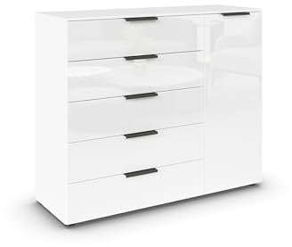 Rauch Möbel Flipp, Kommode, Farbe Glas Weiß, Breite 120 cm | Sideboard, 1-türig, 5 Schubladen, Soft-Close-Funktion, für Schlafzimmer, Gästezimmer, Wohnzimmer, Garderobe, Flur