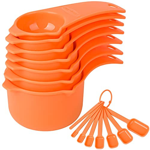 SPUVGVC Plastic Measuring Cups and Spoons Set, Orange Dry Measuring cups Set with Spout and Leveler for Kitchen and Baking, BPA free and Dishwasher Safe, Nesting Measuring Cups Set 15