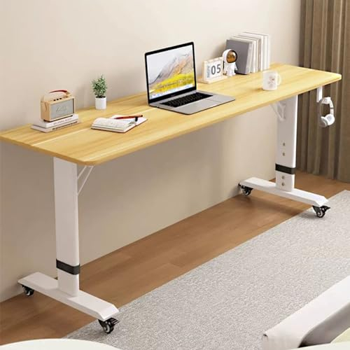 SFNIOKFG Überbetttisch mit Rollen, höhenverstellbarer Schreibtisch, Computertische mit Rollen 130 cm und 150 cm, Sitz-/Steh-Arbeitstische mit Kopfhörerhaken, Massivholzmaterial, für Schlafz