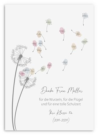 Nastami Poster FINGERABDRÜCKE Abschied Schule Abschiedsgeschenk Lehrerin PUSTEBLUME personalisiert (Pusteblume, DIN A4)