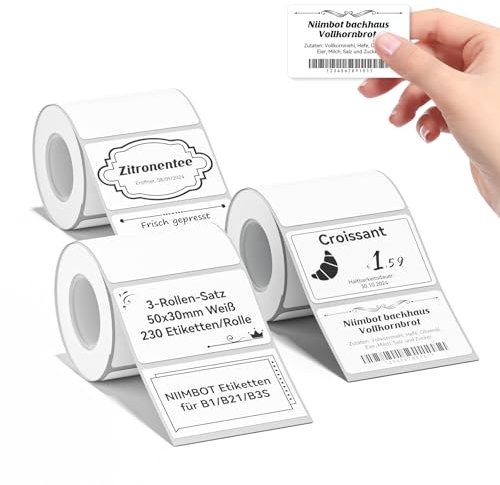 NIIMBOT Etiketten Selbstklebender Etikettenband für B1 / B21 / B3S Etikettendrucker, 50 x 30mm 230 Etiketten/Rolle, 3-Rollen Thermo-Etikettenband für Supermärkte, Einzelhandel, Büro, Weiß