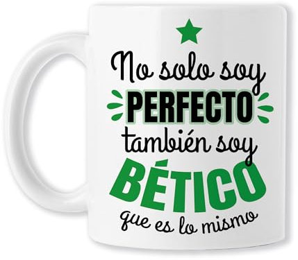 CLUBS (Taza Fútbol para Aficionados del Real Betis 'No solo soy perfecto, también soy Bético' – Regalo Navidad, Cumpleaños, Hombre, Amigo Invisible | Cerámica Blanca 325ml)