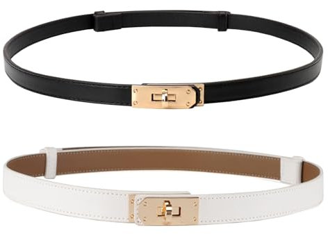 Cinsersr 2 Stück Gürtel Damen Schmal,Schmaler Gürtel Damen Schlichter Klassischer Drehverschluss Aus Legierung Verstellbar Gürtel Damen, geeignet für Kleiderdekoration Kleider Jeans (Schwarz, Weiß).