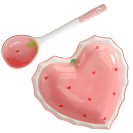 BEBEMOKO Set De Vaisselle Céramique Forme De Cœur Avec Cuillère Fraise Ensemble De Bols Kawaii Pour Desserts Salades Fruits Et Collations Et Décoratif