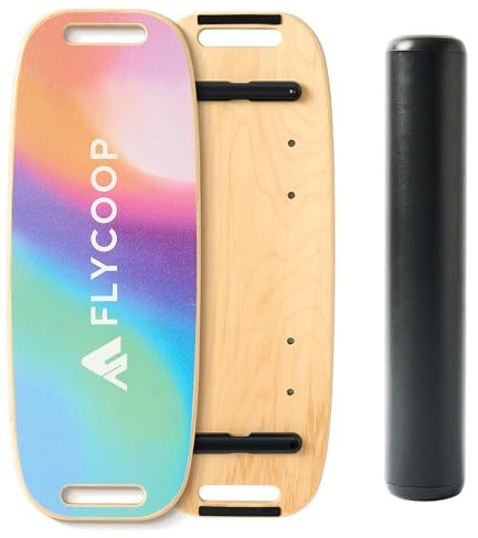 Flycoop Balance Board Erwachsene Balancierbrett Holz Balance Board Indoorboard Surf Skateboard Indoor Surfboard Trickboard Gleichgewichtsboard inkl. Rolle (Regenbogenfarben)