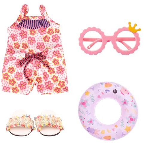 WanderGo Badeanzug Puppe 4 Teilig Schwimmpuppe Buntem Schwimmset Puppenkleidung Sommer für Puppen 35 - 43 cm Zubehör mit Sonnenbrille Schwimmring Schuhe