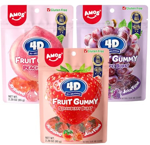 AMOS 4D Gummy Sweets 195G, Fruit Burst Sweet Candy Gift 3 Flavors (Strawberry & Peach & Grape), Center Fill Gums Candy, Chews Sweet Party 3 X 65G/Bag