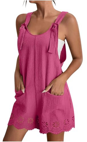 Zeiayuas Womens Shorts Jumpsuits Wide Leg Jumpsuit Summer Romper Pockets Loose Fit Dungarees Playsuits Round Neck All in One Playsuit Onesies Solid Color Lace Floral Shorts Pants for Ladies