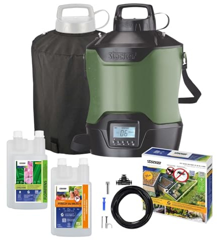 STOCKER – Kit Nebulizzatore Geyser 12L con Timer e Pompa Automatica, Batteria 12V, Copertura di 40 m² estendibile fino a 400 m², Sistema Antizanzare con 1 L Zanzaricida e 1 L Disabituante
