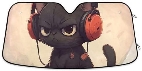 Parasol para parabrisas de coche, diseño de gato negro con dibujos animados, divertido y plegable, para parabrisas delantero, tamaño L, 57 x 31.5 pulgadas