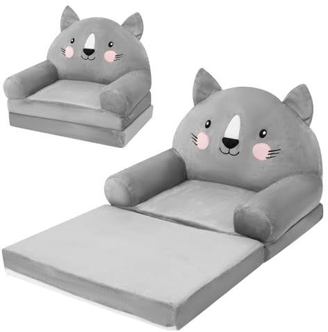 harupink Sofá infantil plegable 2 en 1 para niños, sillón infantil con función de dormir, suave y resistente, silla convertible en sofá de juegos, sillón infantil a partir de 1 años (gato gris)